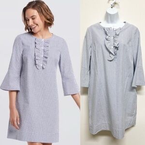 Draper James Womens Blue White Seersucker Ruffle Sleeve Collar Shift Dress